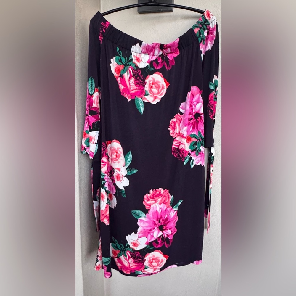 Eliza J Navy With Pink Floral Off The Shoulder Shift Dress 3/4 Tie Up Sleeves 12